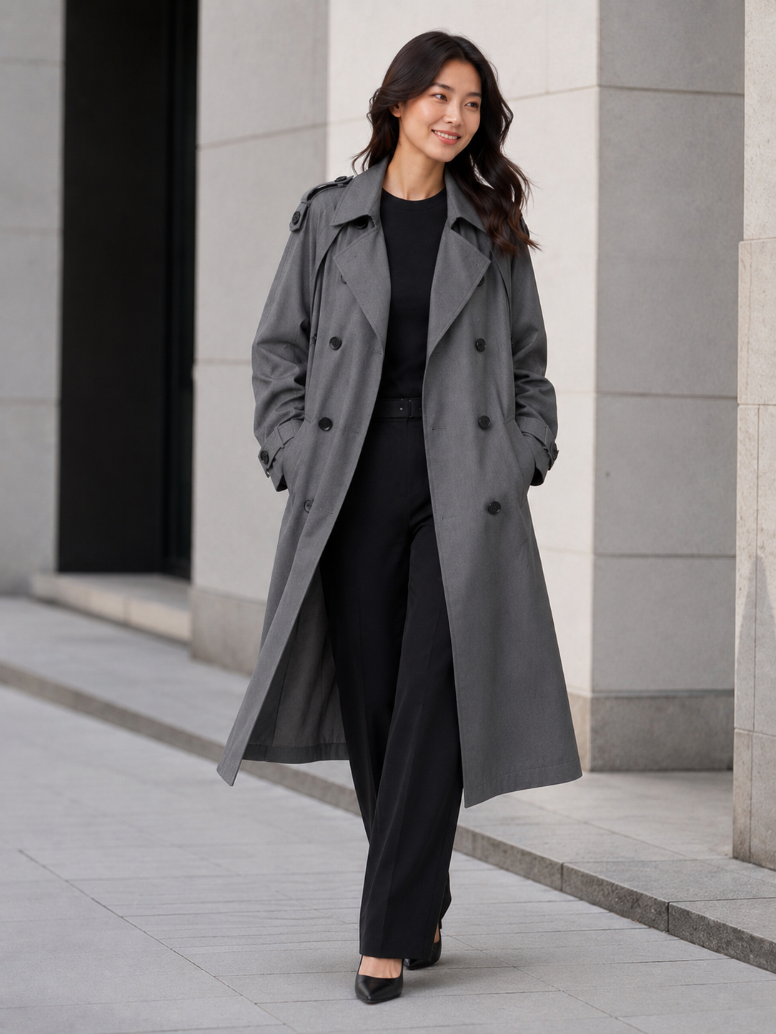 Trench Long Gris Femme