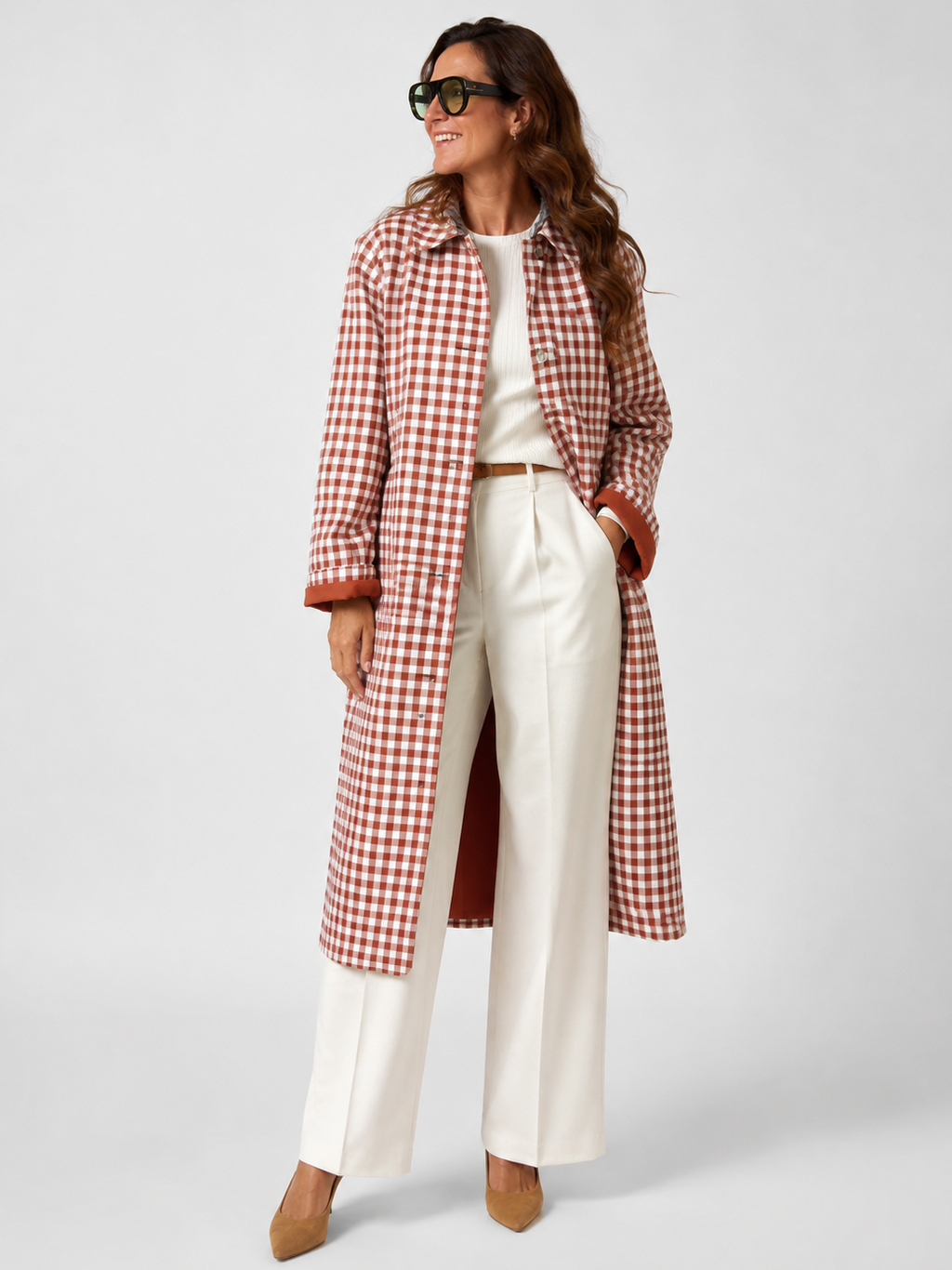 Trench Long Femme Rouge à Carreaux