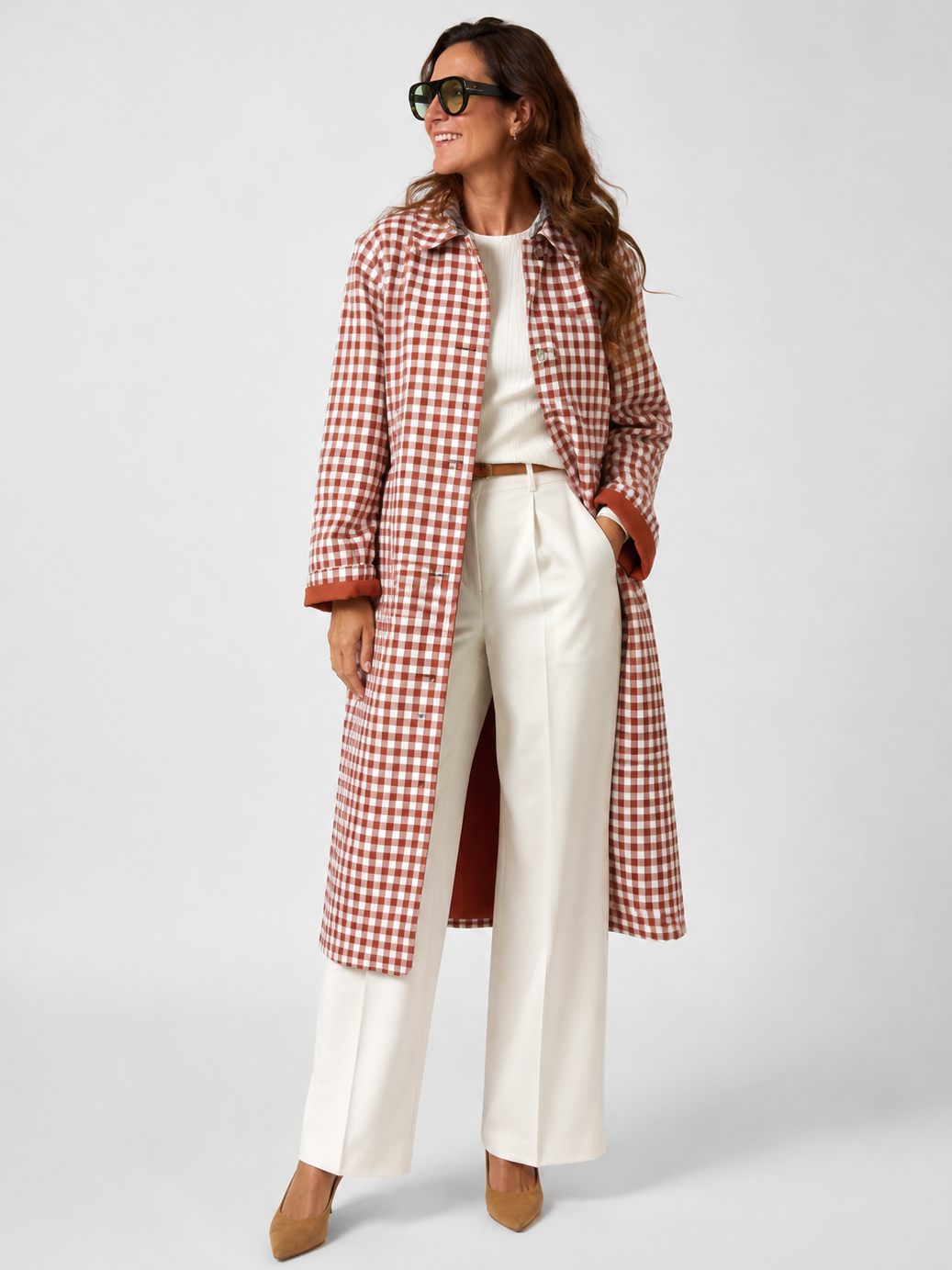 Trench Long Femme Rouge à Carreaux