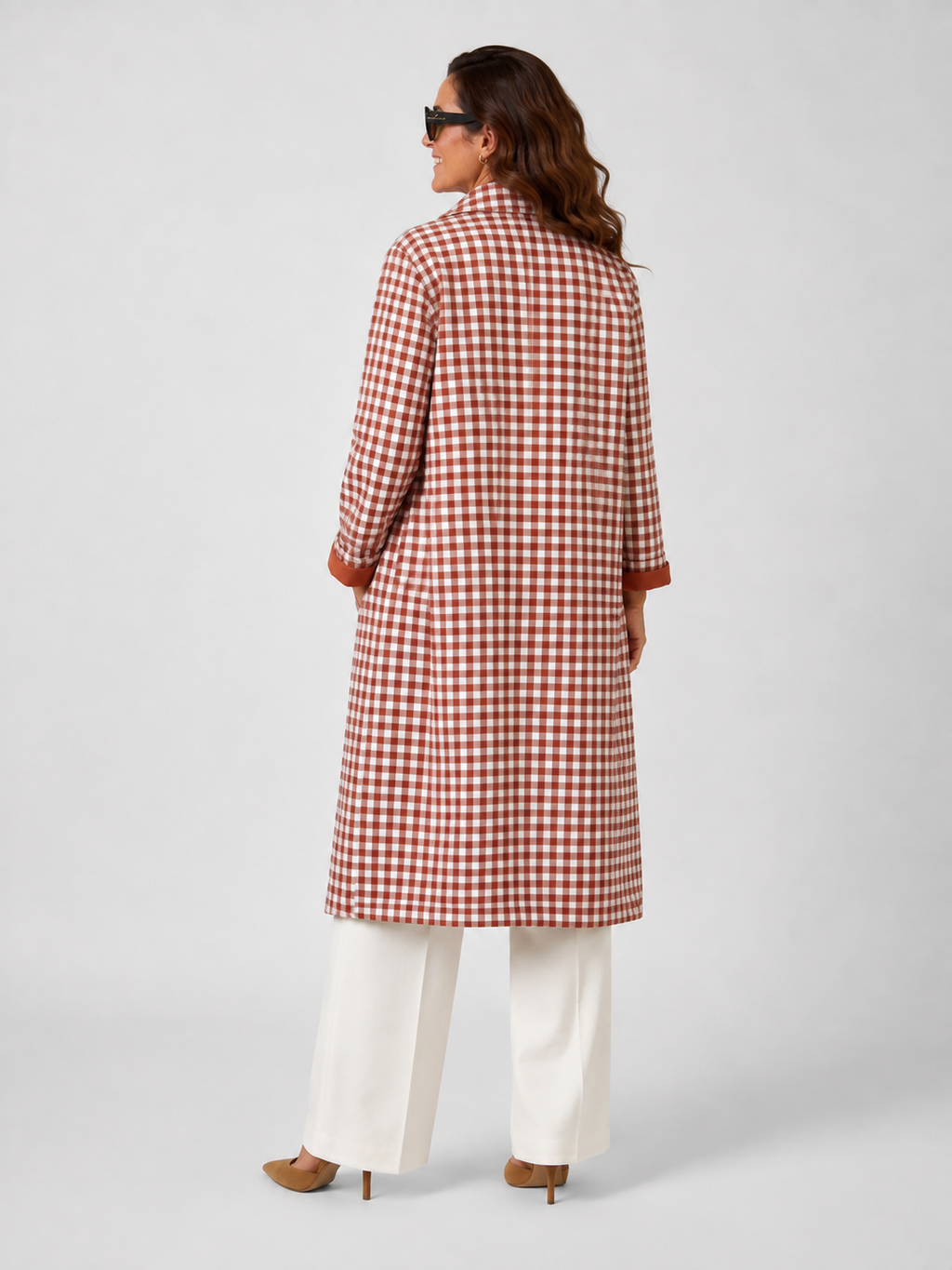 Trench Long Femme Rouge à Carreaux