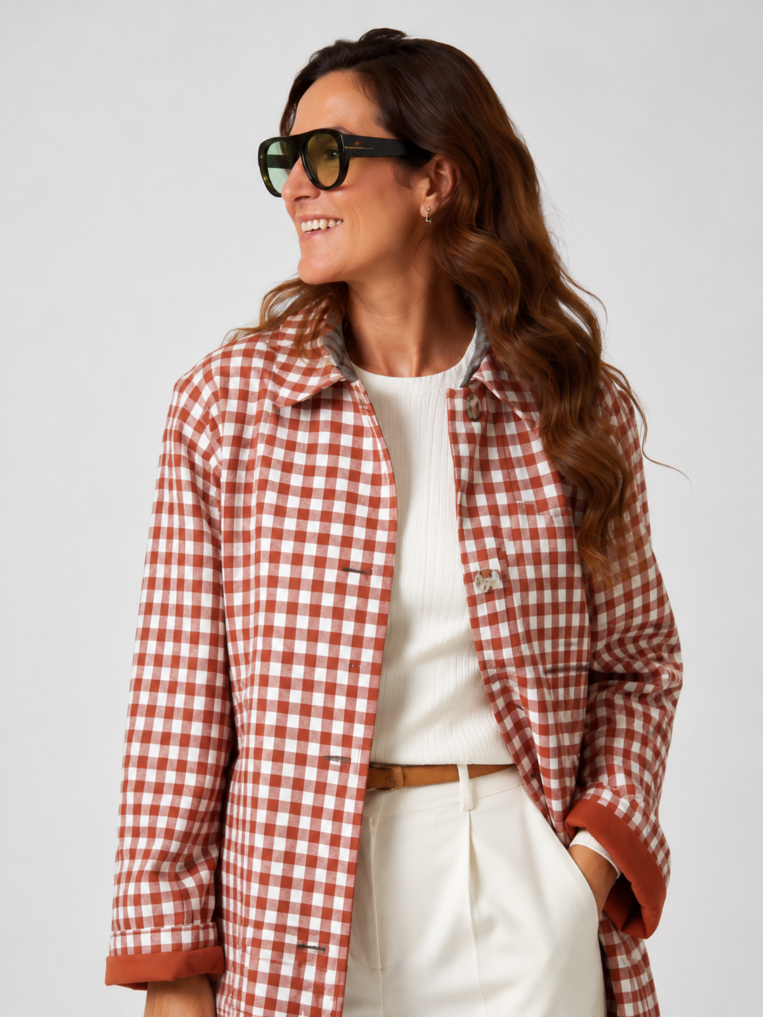 Trench Long Femme Rouge à Carreaux