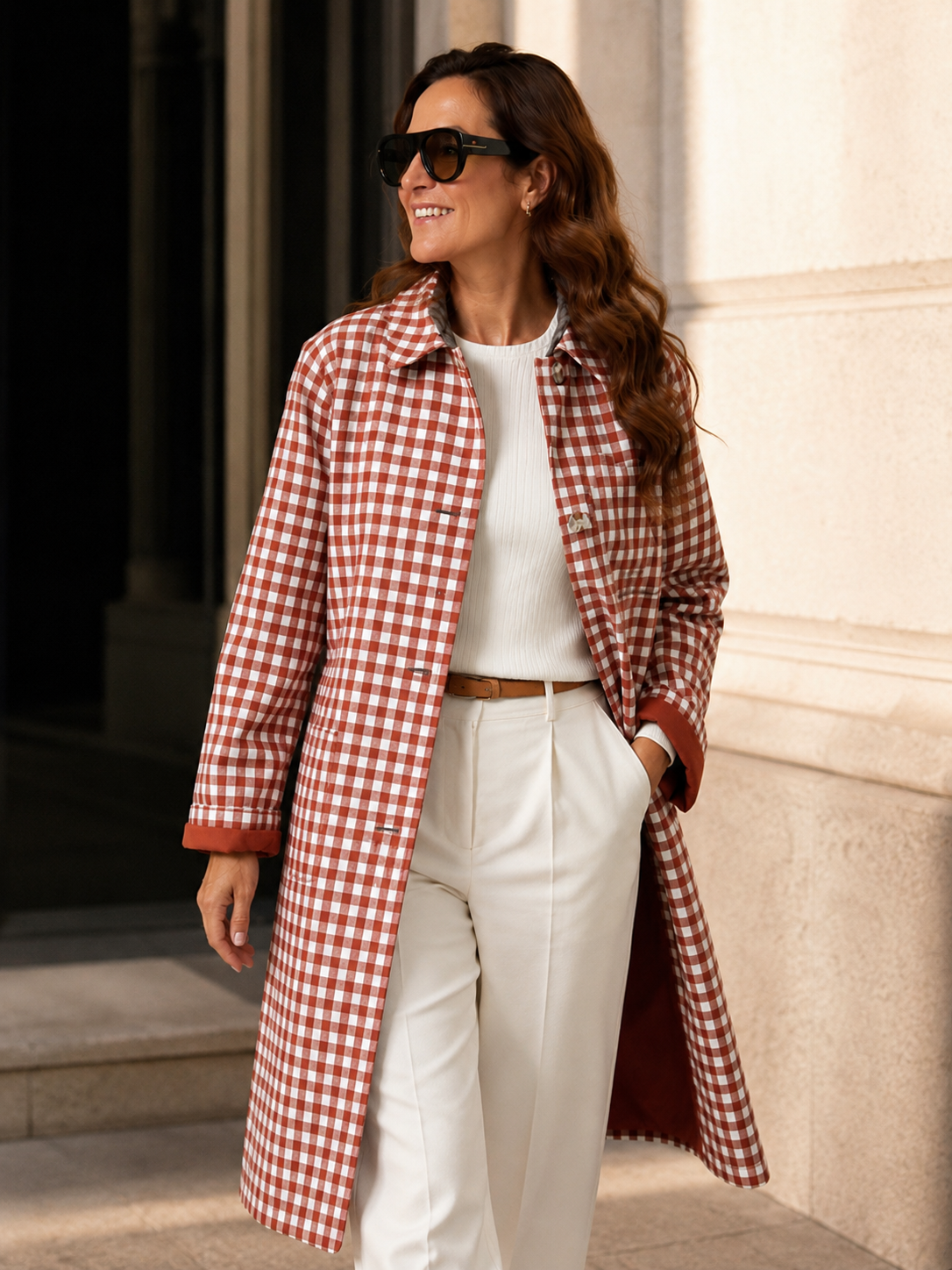 Trench Long Femme Rouge à Carreaux