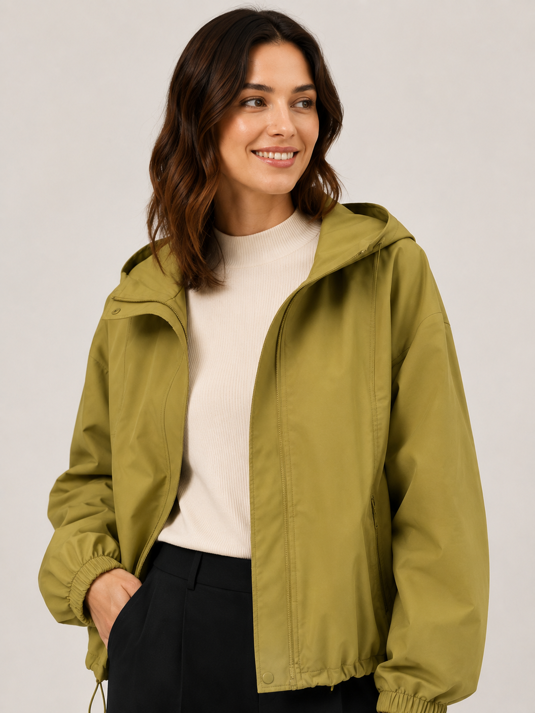 Trench Court À Capuche Femme Kaki