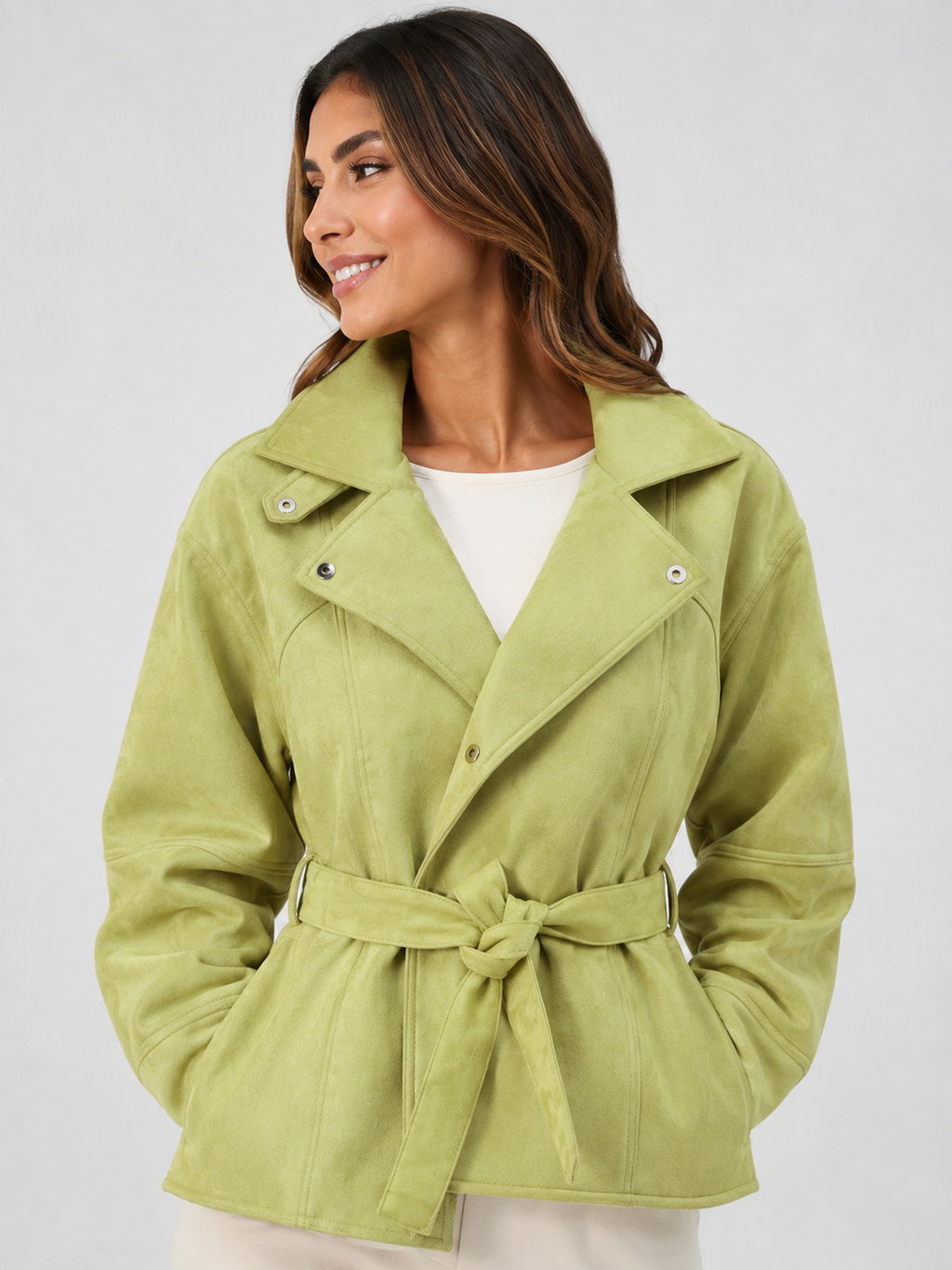 Trench Court Ceinturé Femme Vert