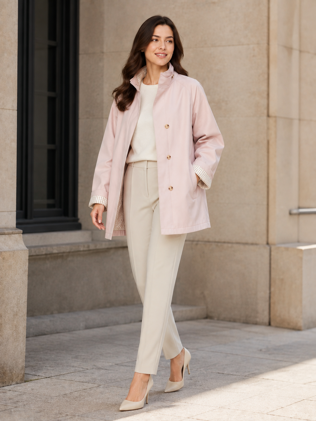 Trench Mi-Long Femme À Col Montant Rose