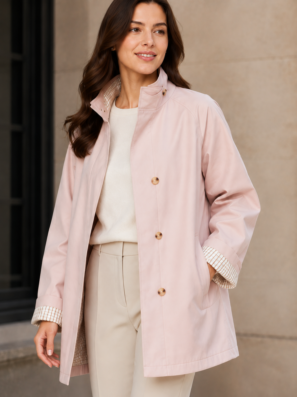 Trench Mi-Long Femme À Col Montant Rose