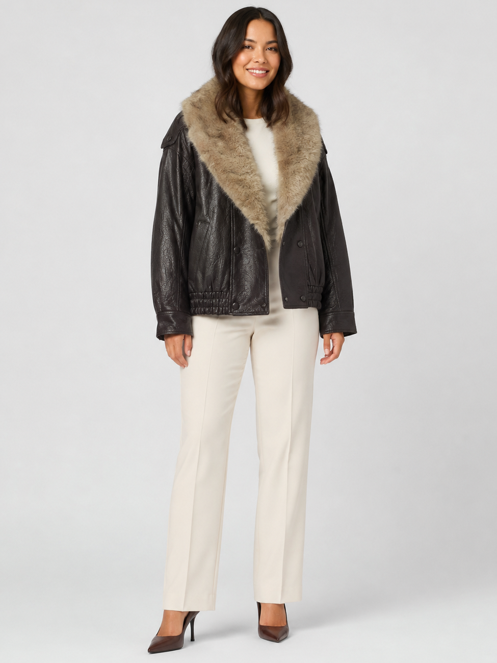 Veste Cuir Marron Fourrure Femme