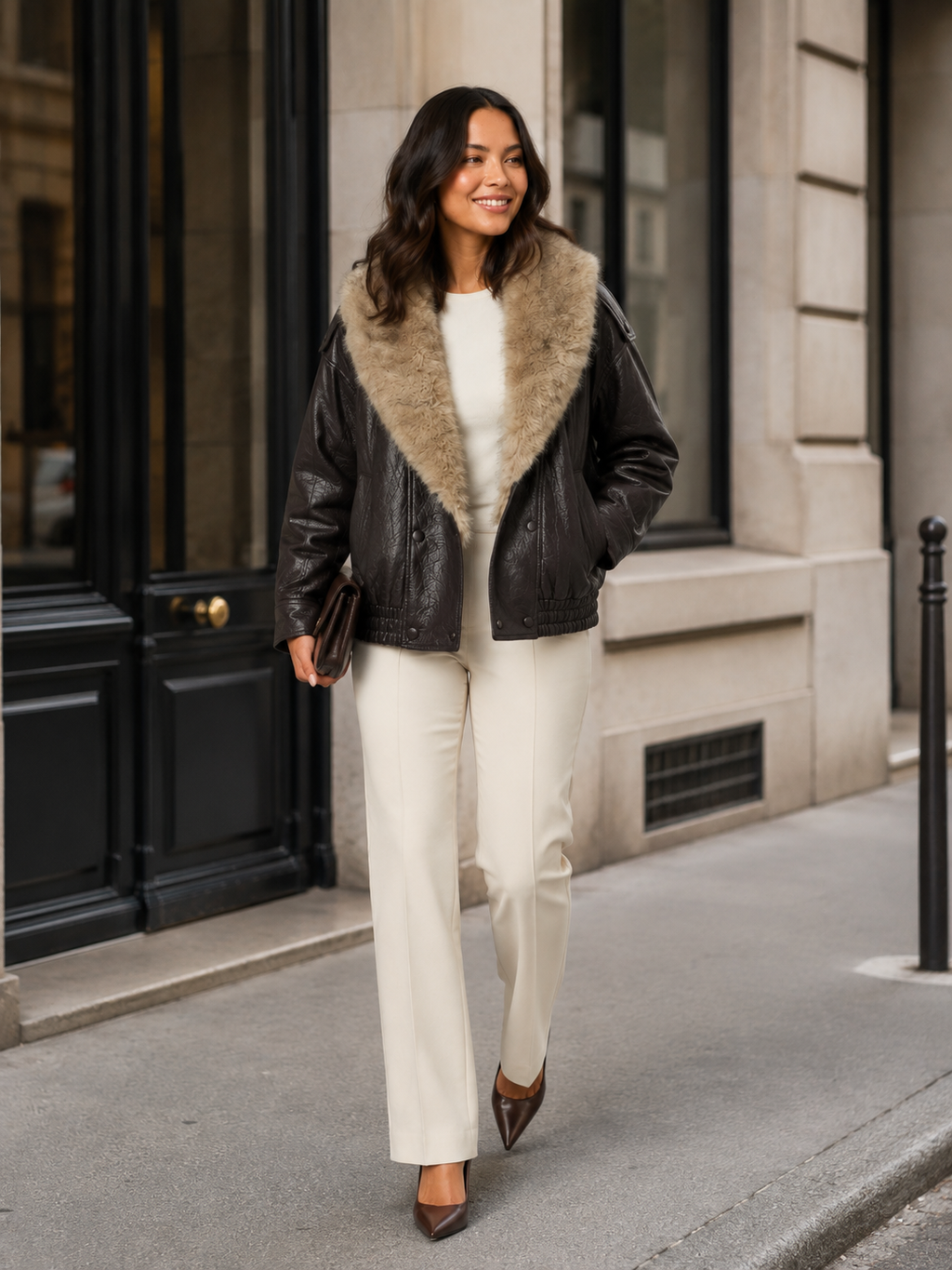 Veste Cuir Marron Fourrure Femme
