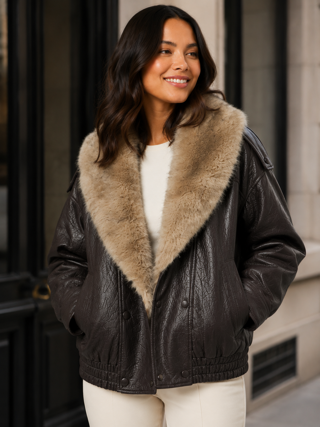 Veste Cuir Marron Fourrure Femme