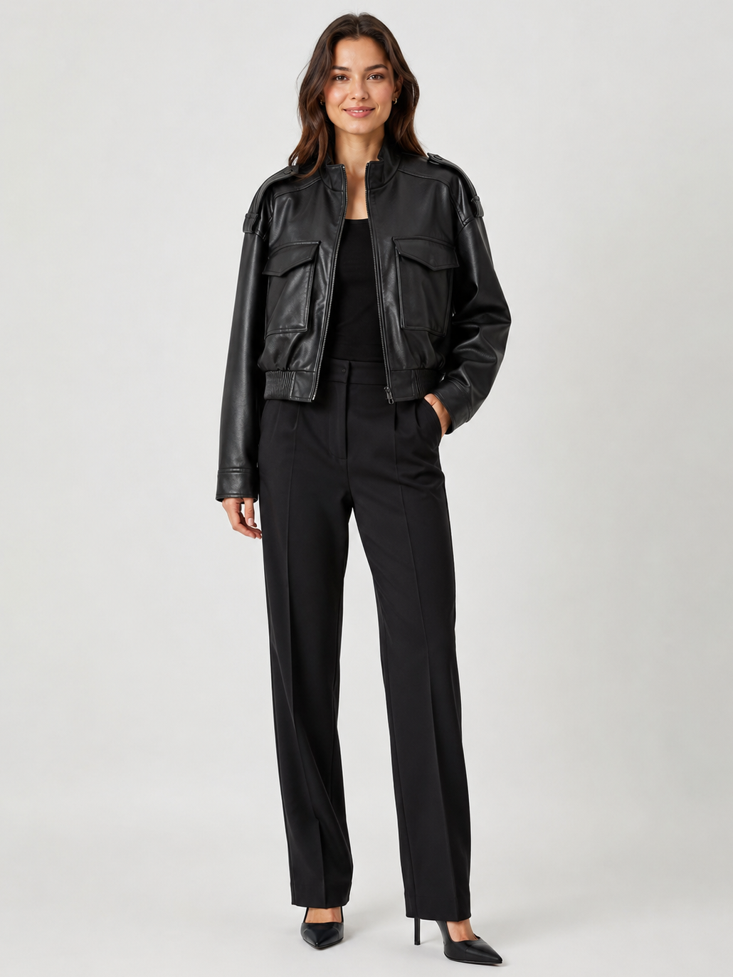 Veste Courte Cuir Noir Femme