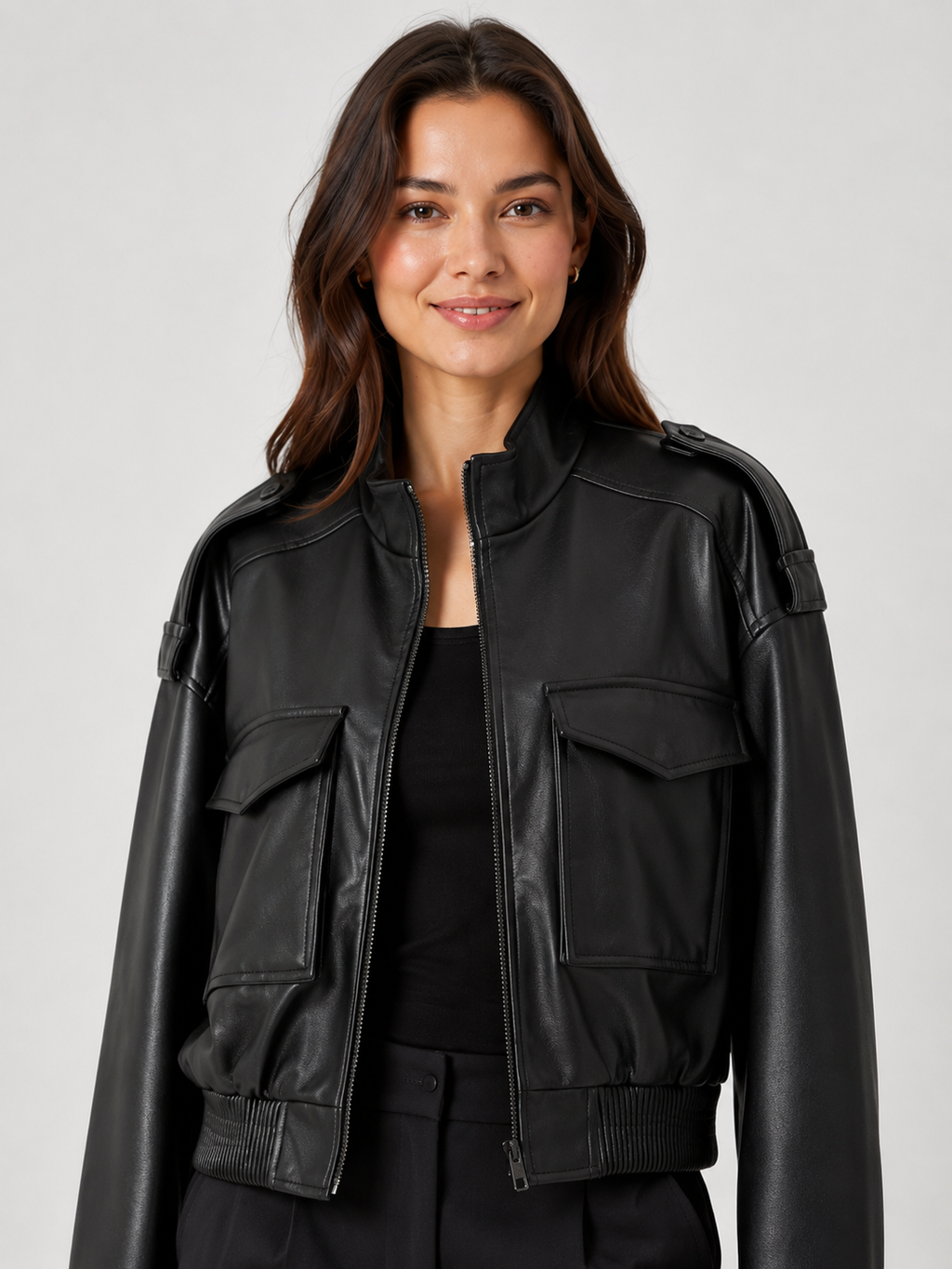 Veste Courte Cuir Noir Femme
