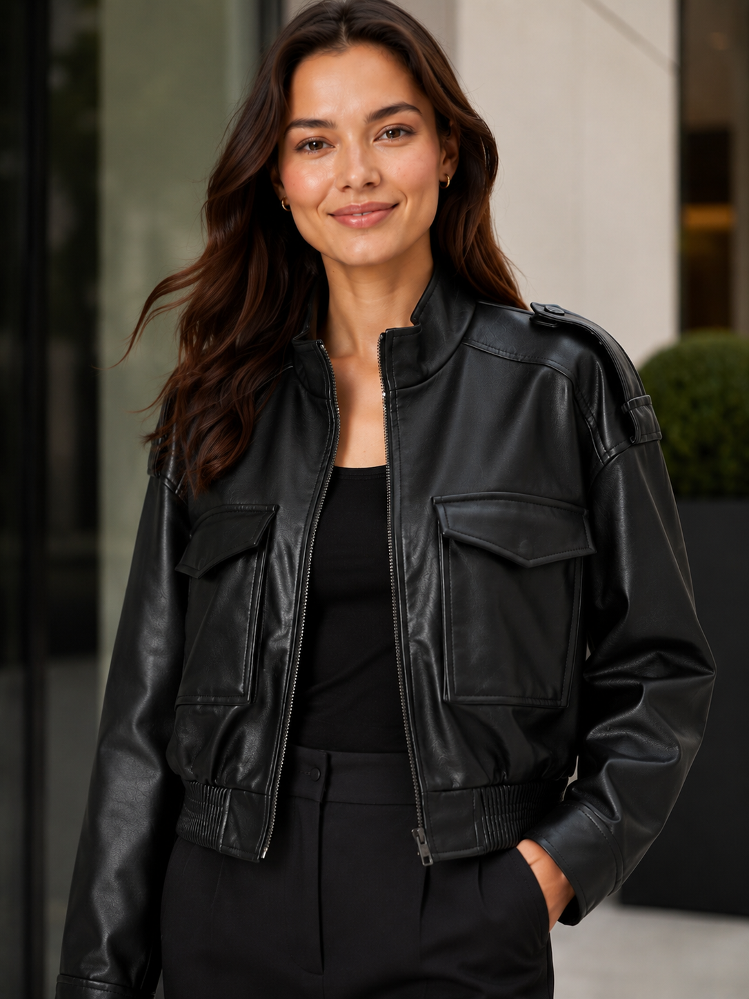 Veste Courte Cuir Noir Femme