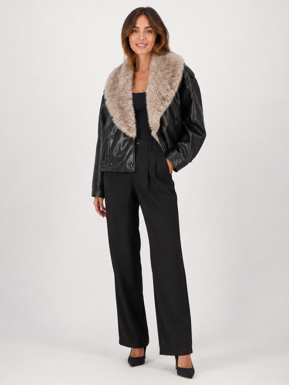 Veste Noir Cuir Fourrure Femme