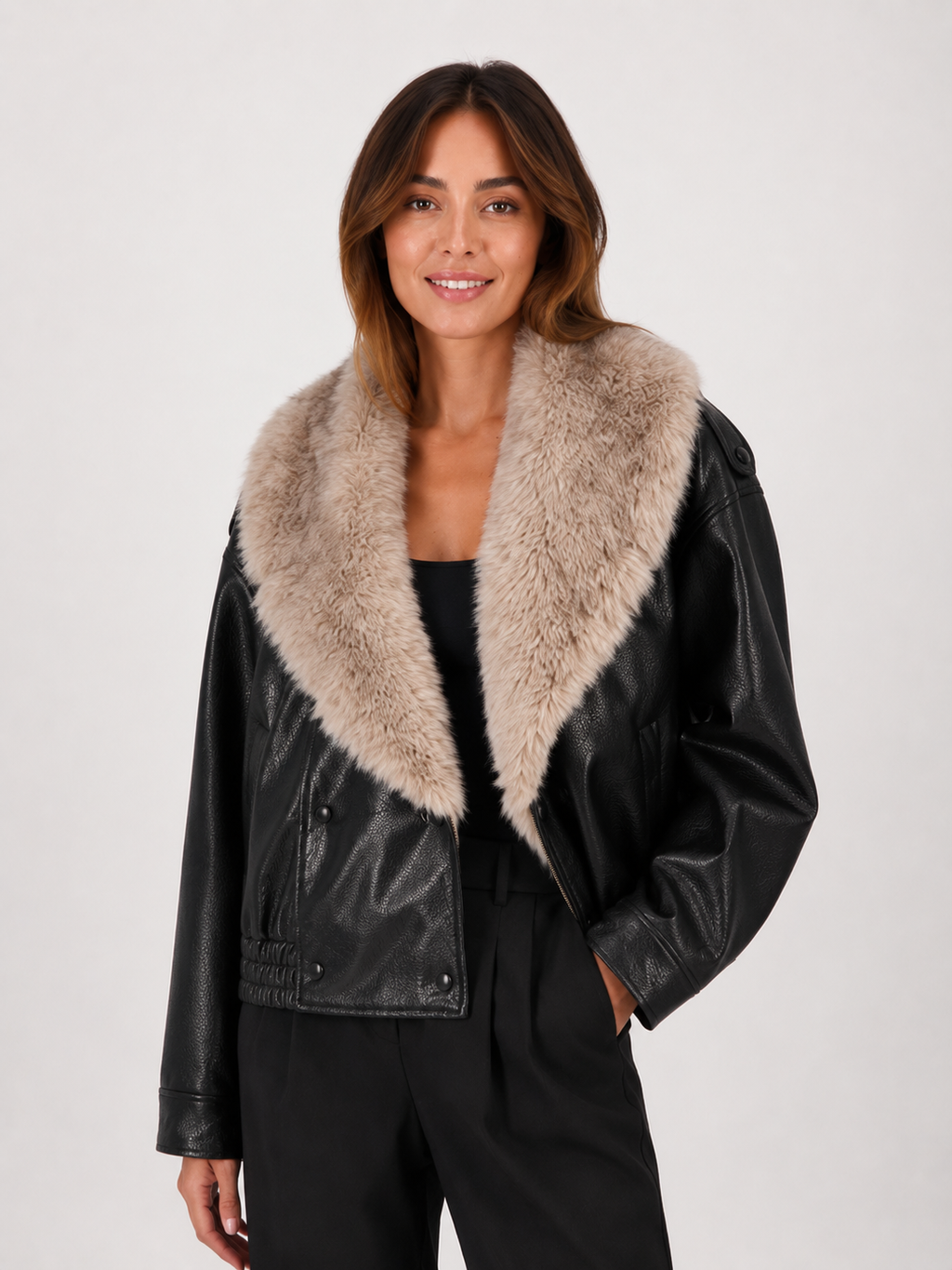 Veste Noir Cuir Fourrure Femme