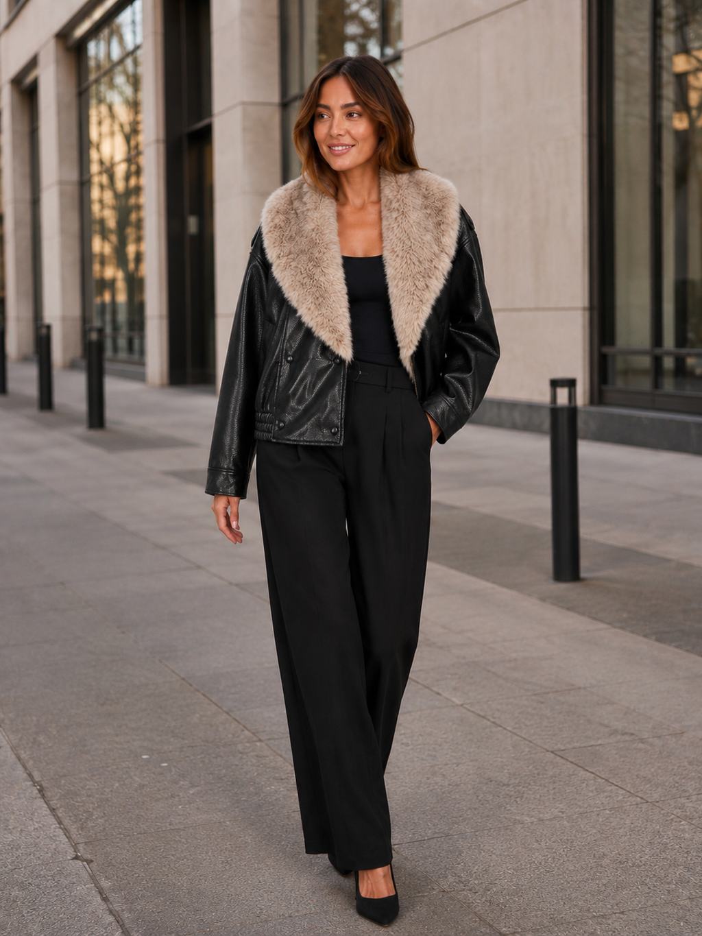 Veste Noir Cuir Fourrure Femme