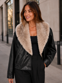 Veste Noir Cuir Fourrure Femme