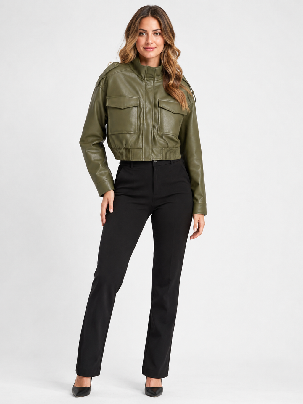 Veste Courte Cuir Marron Femme