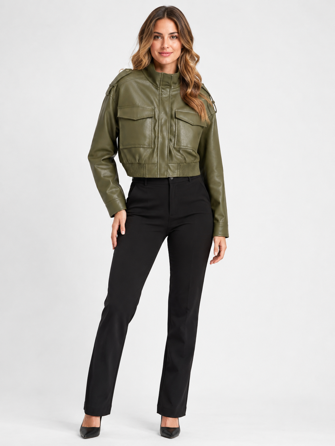 Veste Courte Cuir Marron Femme