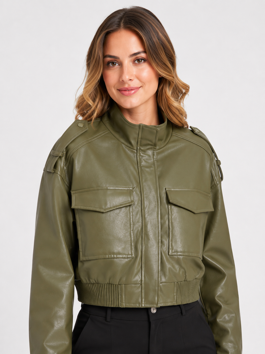 Veste Courte Cuir Marron Femme