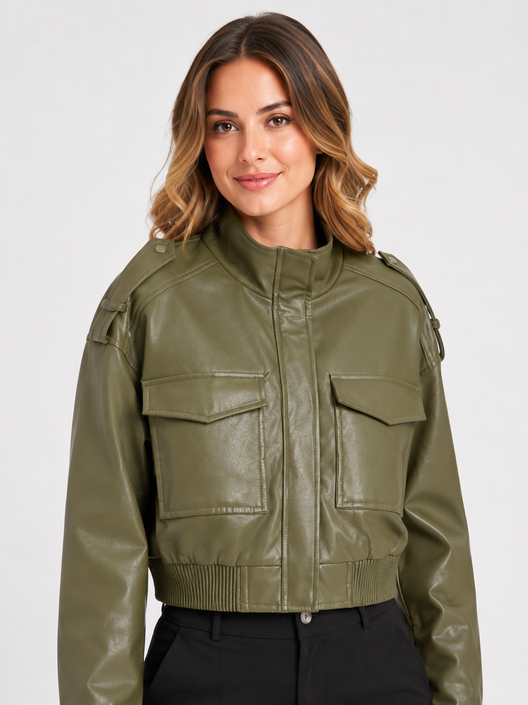 Veste Courte Cuir Marron Femme