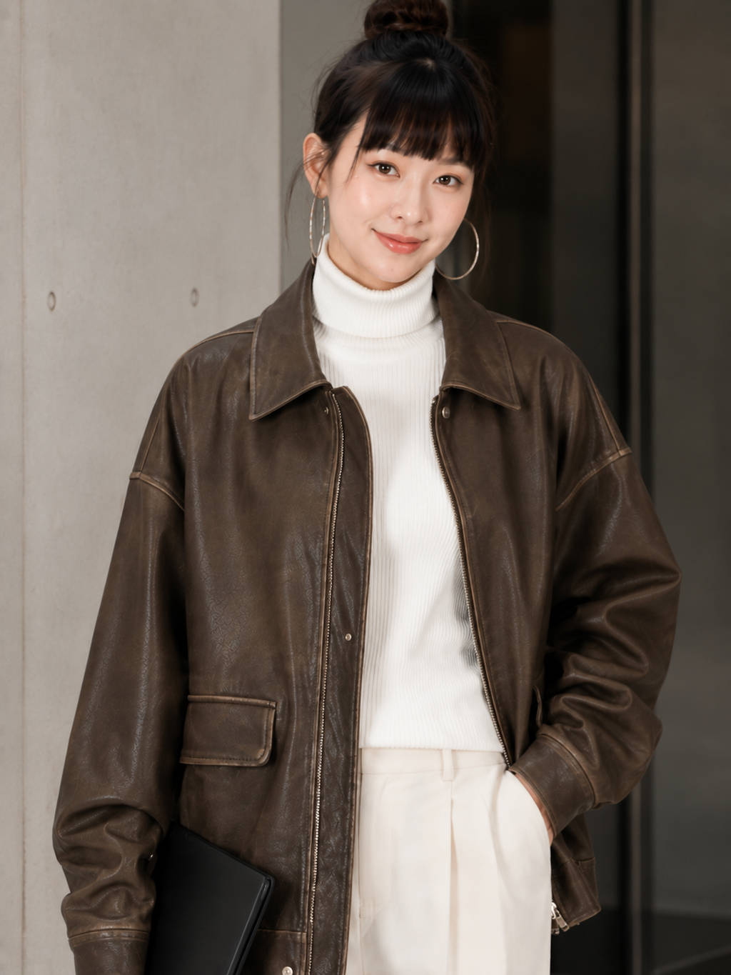 Veste Longue Cuir Marron Femme