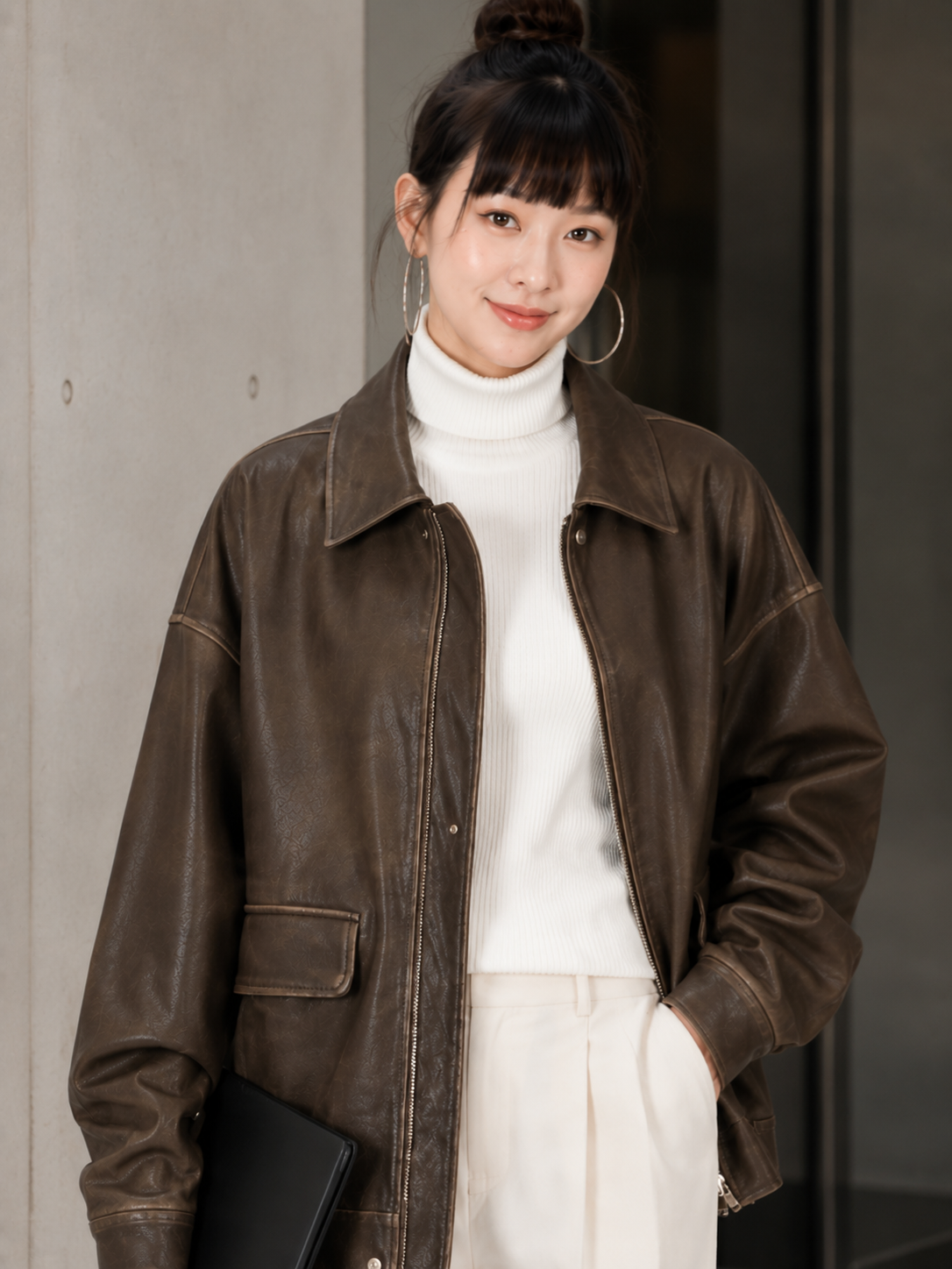 Veste Longue Cuir Marron Femme