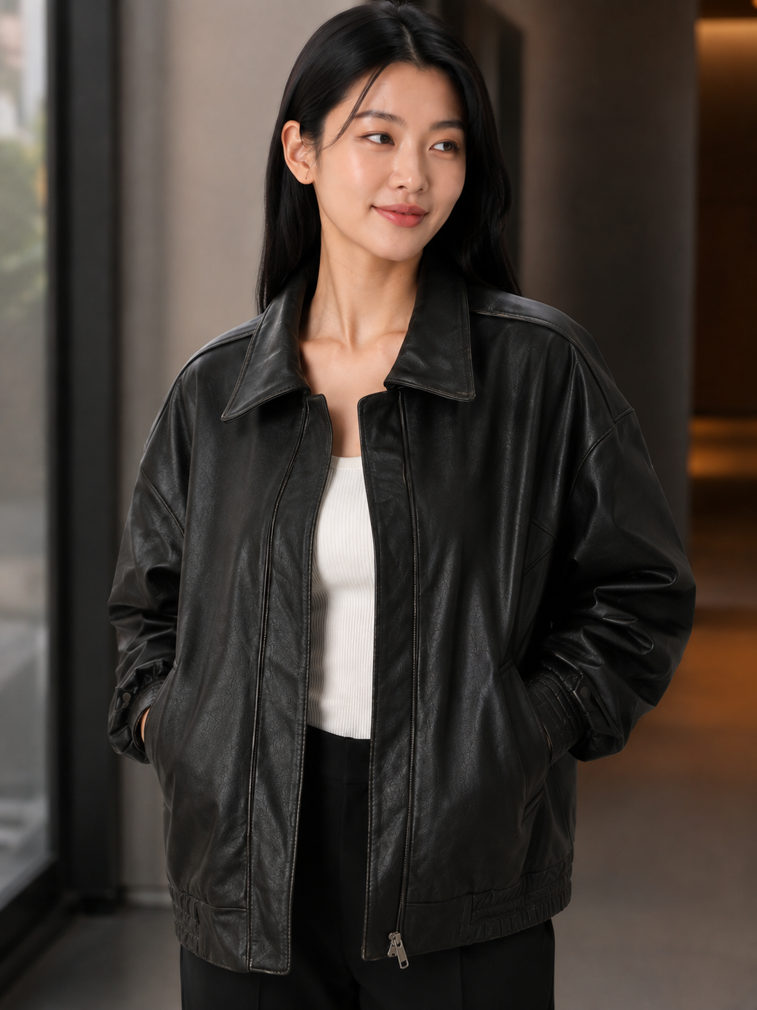 Veste Longue Cuir Femme Marron