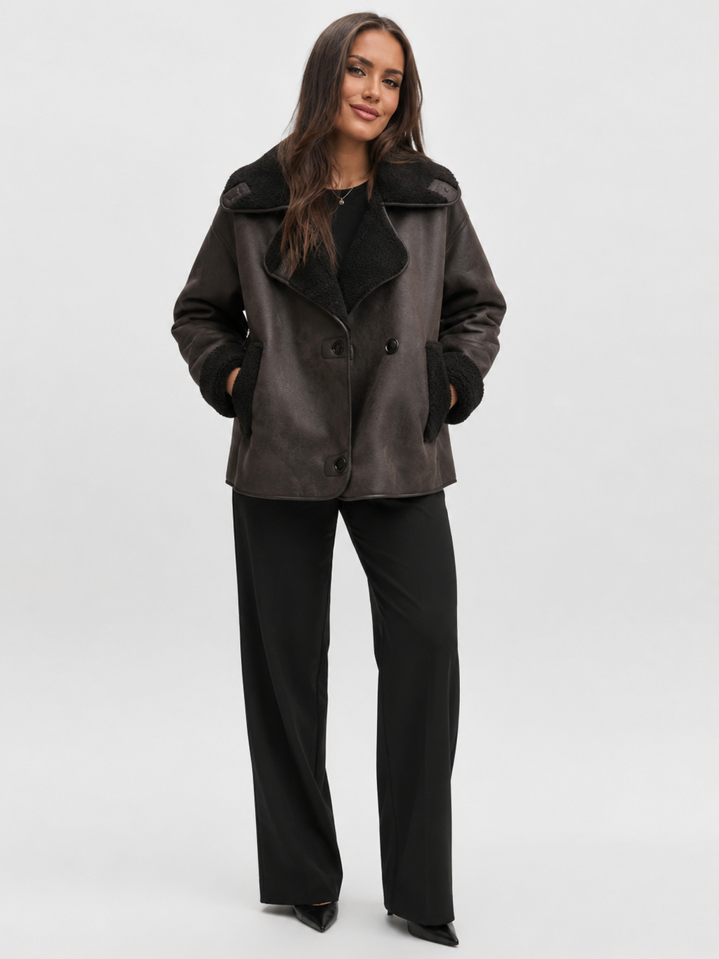 Veste En Cuir Marron Avec Fourrure Femme