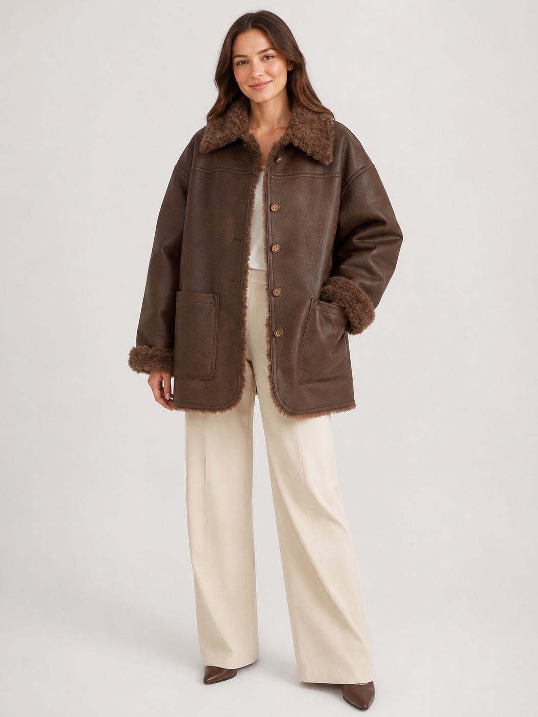 Veste Cuir Marron Femme Col Fourrure