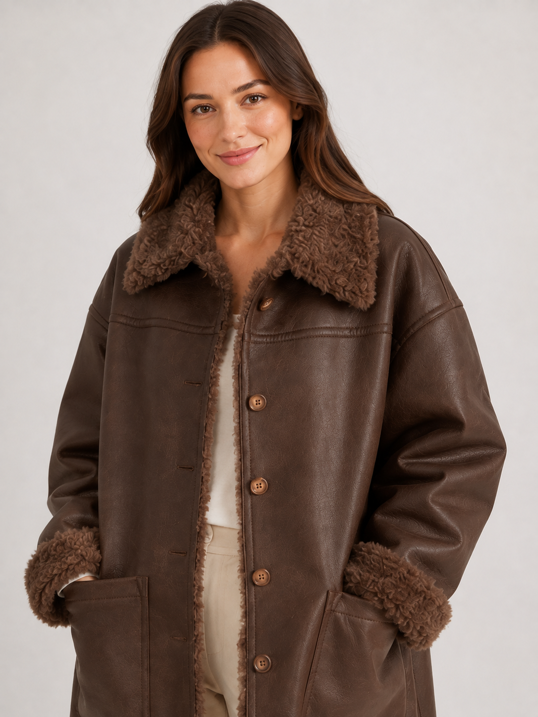 Veste Cuir Marron Femme Col Fourrure