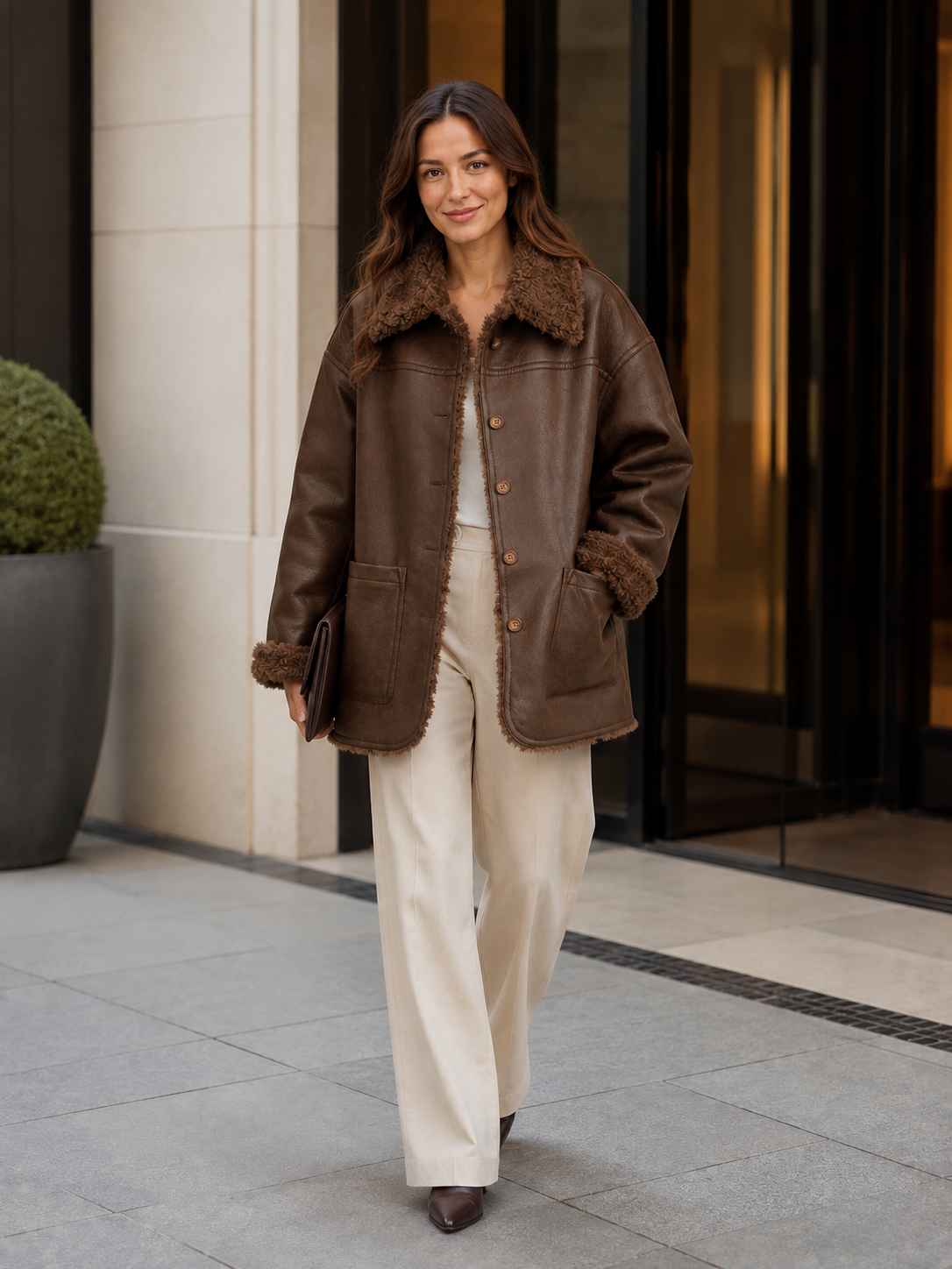 Veste Cuir Marron Femme Col Fourrure