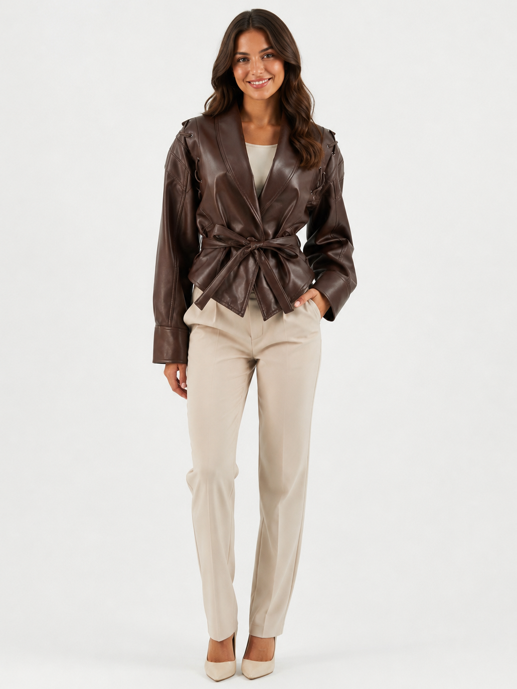 Veste Cuir Marron Oversize Femme