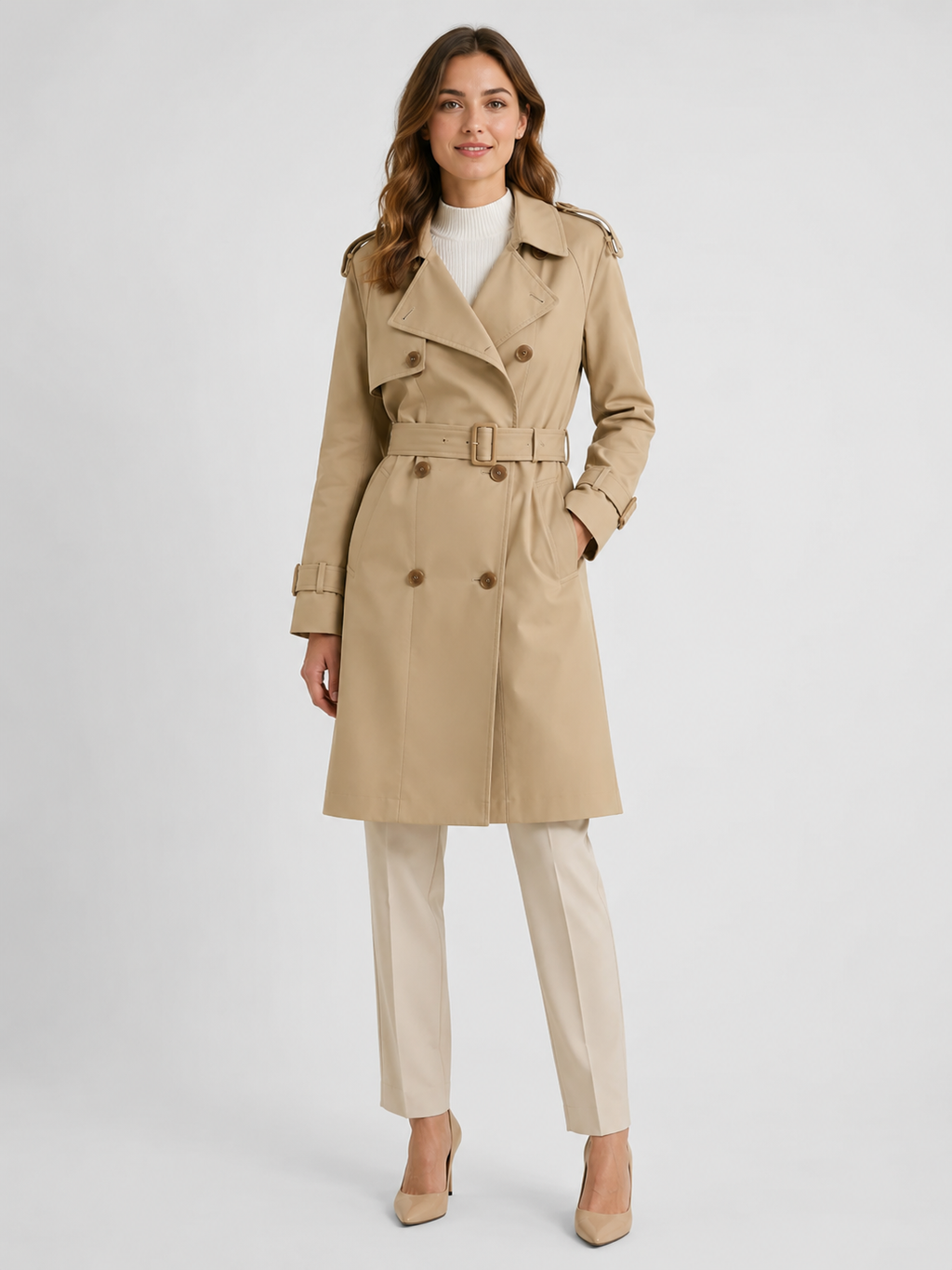 Trench Mi-Long Femme Beige