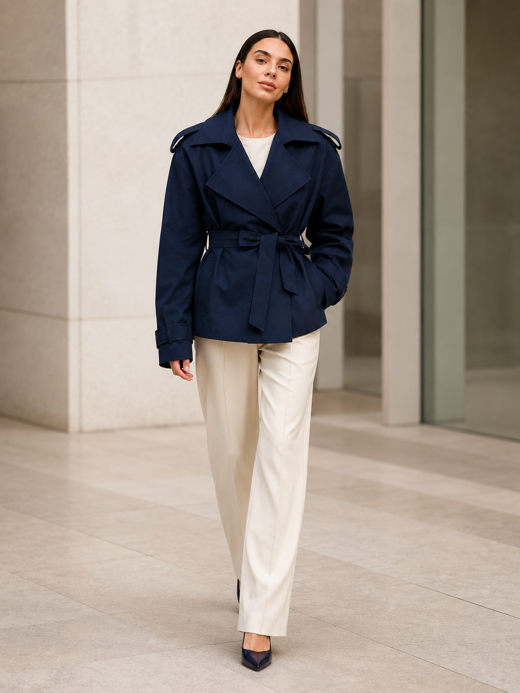 Trench Court Bleu Marine Femme