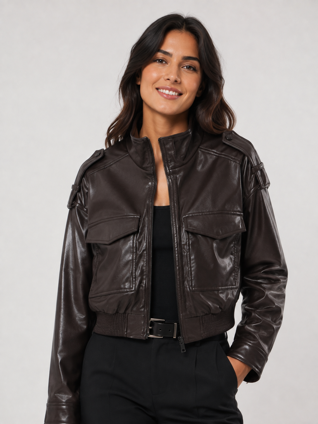 Court Veste Cuir Noir Femme