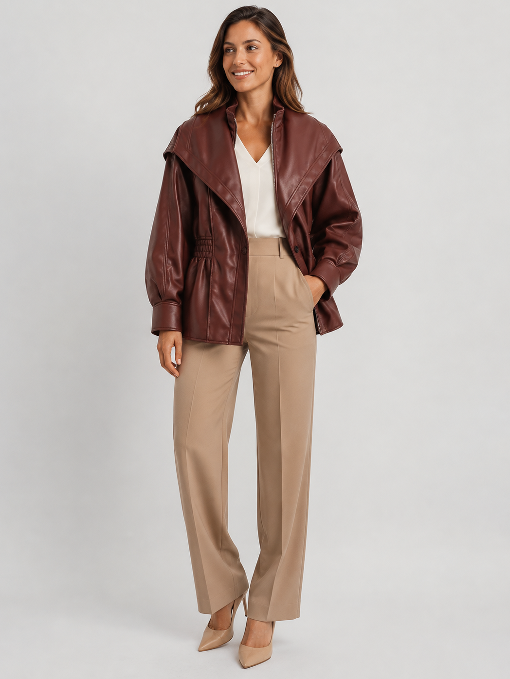 Veste Simili Cuir Marron Foncé Femme