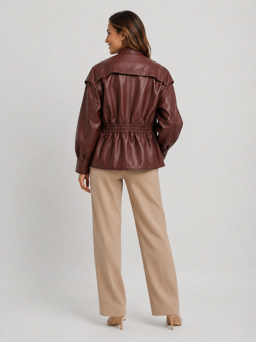 Veste Simili Cuir Marron Foncé Femme