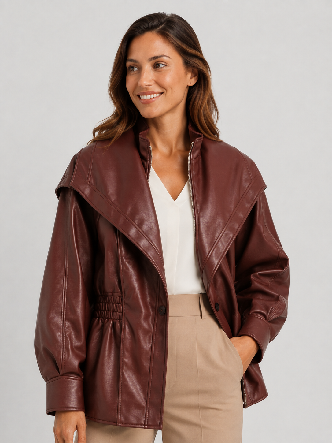 Veste Simili Cuir Marron Foncé Femme