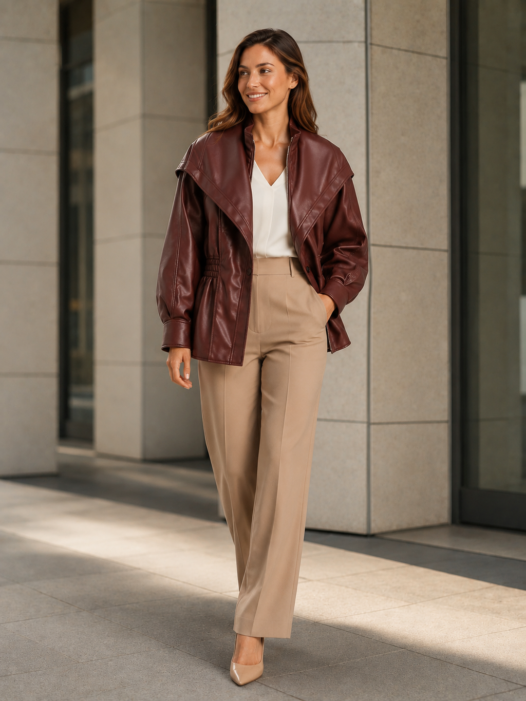 Veste Simili Cuir Marron Foncé Femme