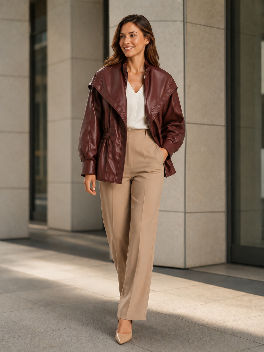 Veste Simili Cuir Marron Foncé Femme