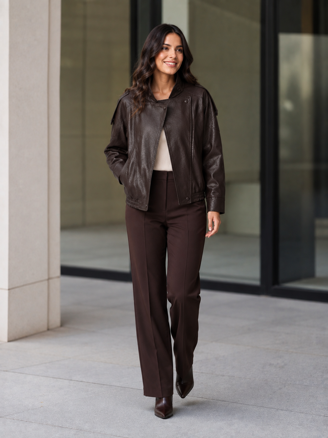 Veste Bomber Cuir Marron Femme