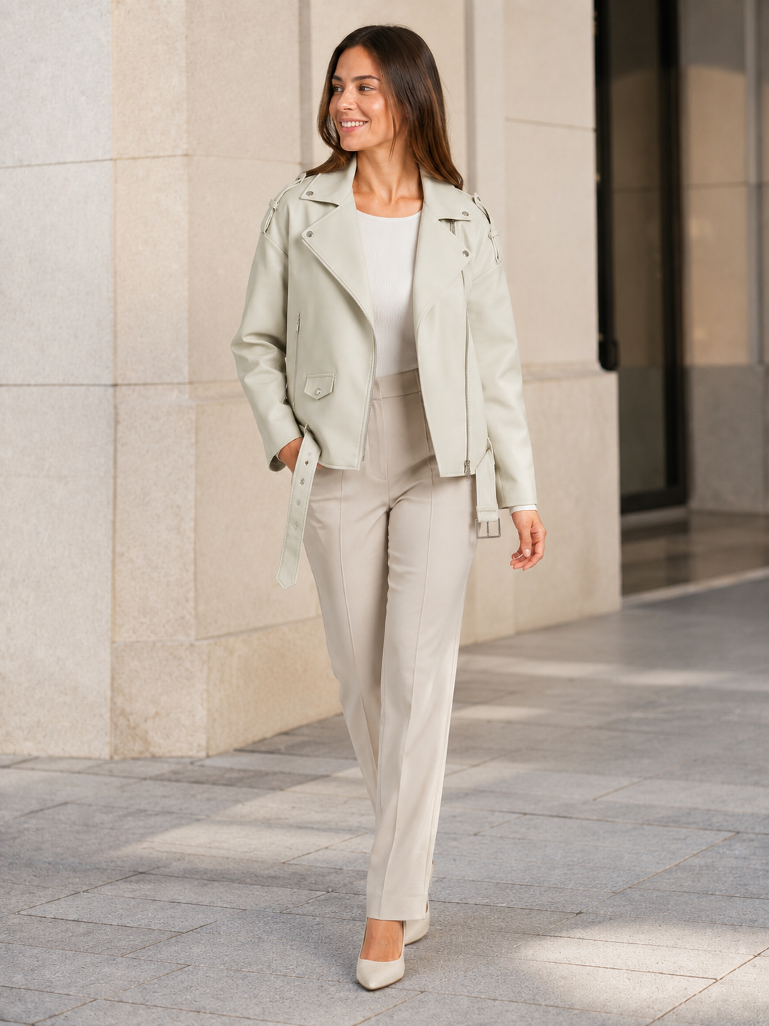 Veste Beige Simili Cuir Femme