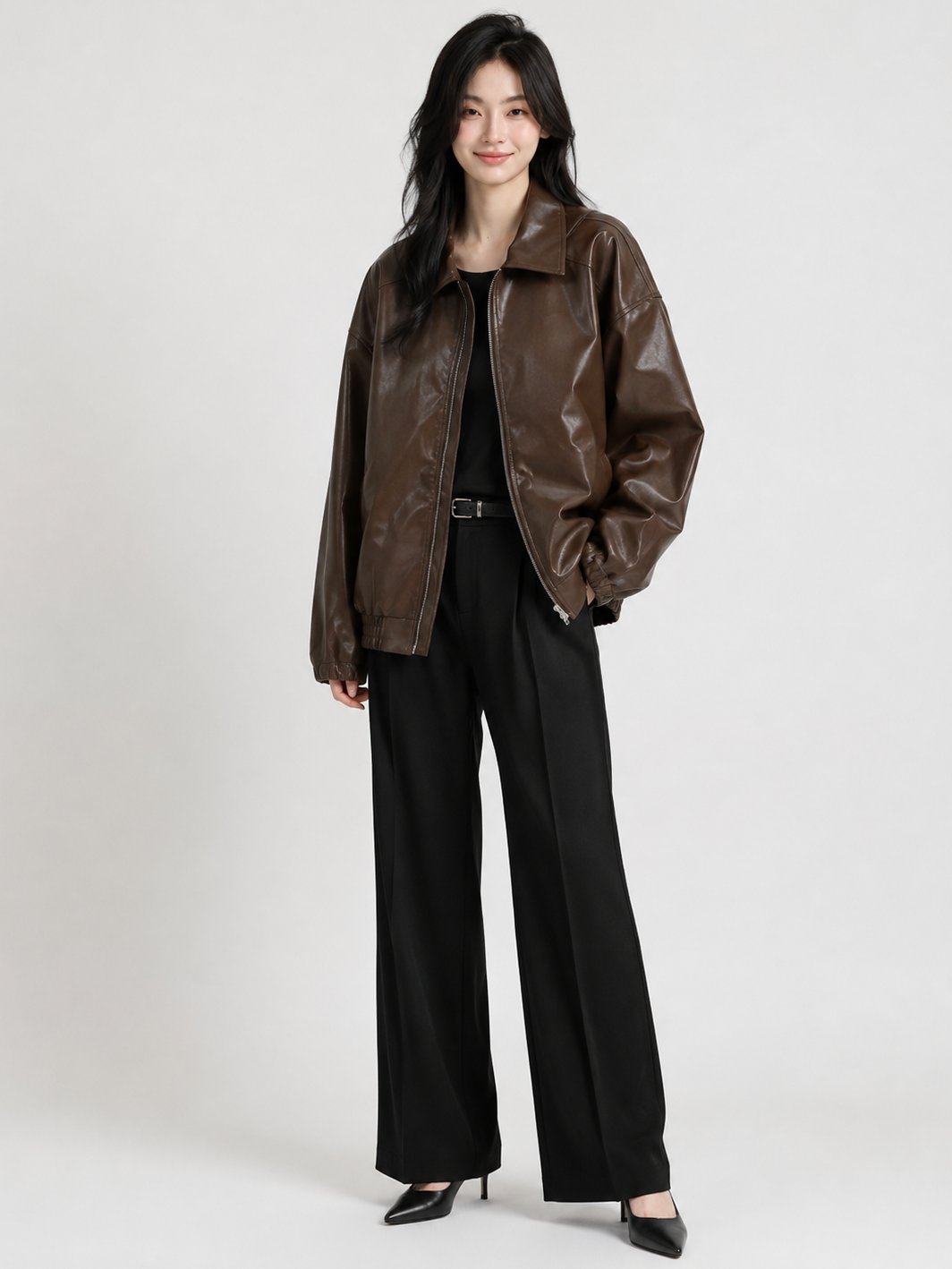 Veste Cuir Oversize Marron Femme