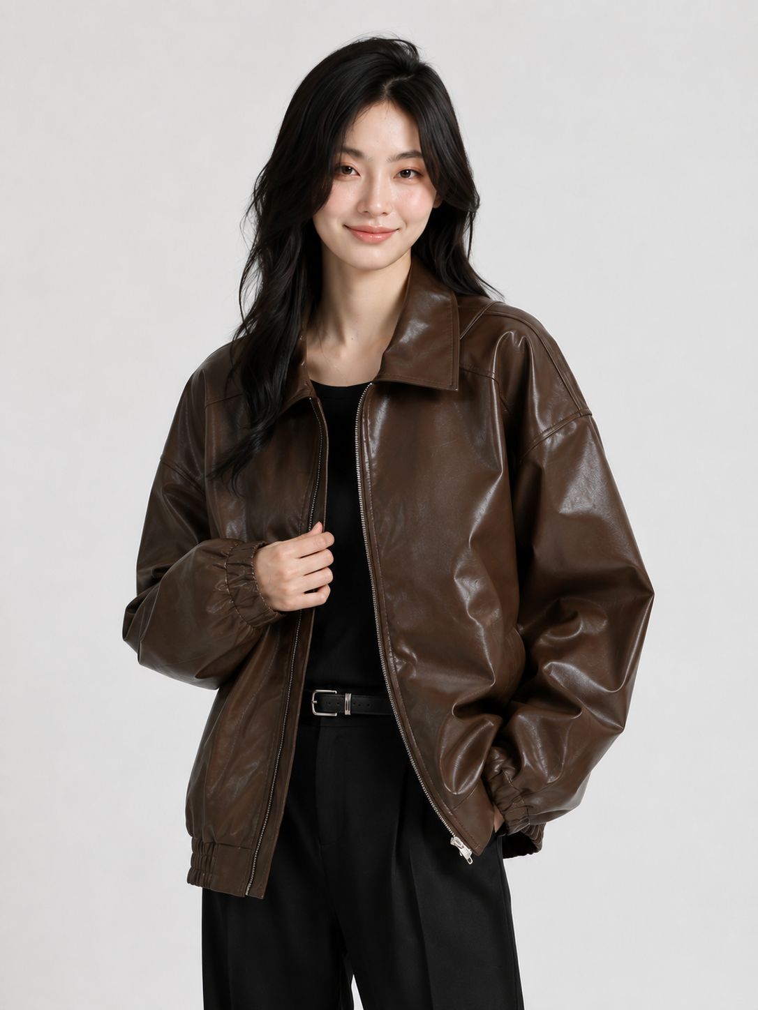 Veste Cuir Oversize Marron Femme