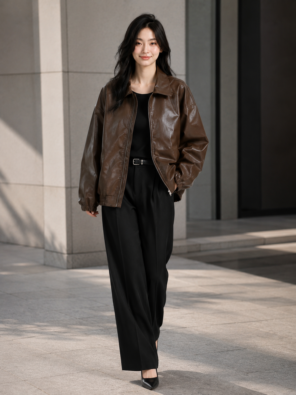 Veste Cuir Oversize Marron Femme