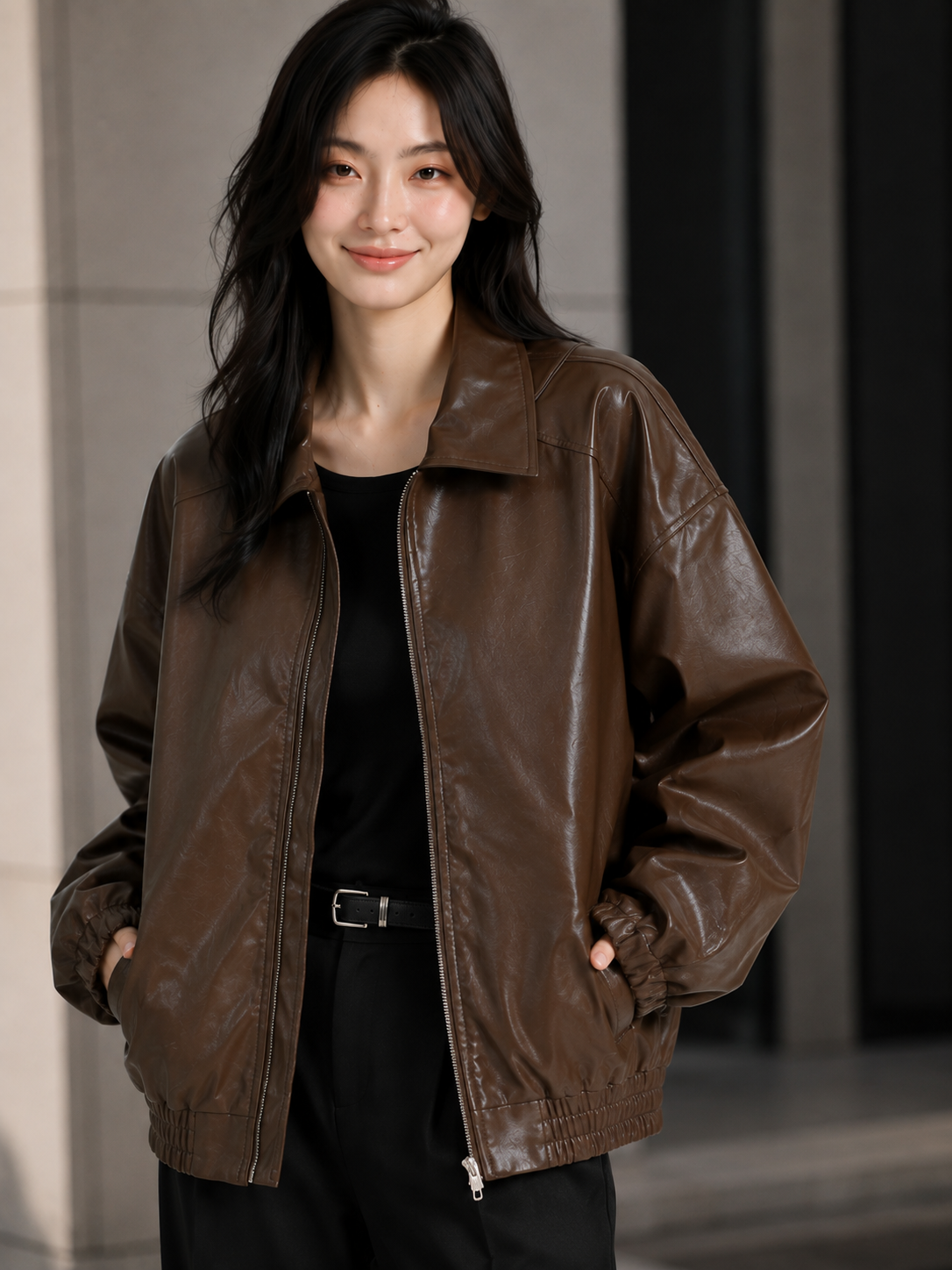 Veste Cuir Oversize Marron Femme