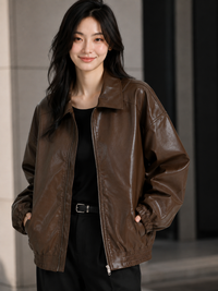 Veste Cuir Oversize Marron Femme