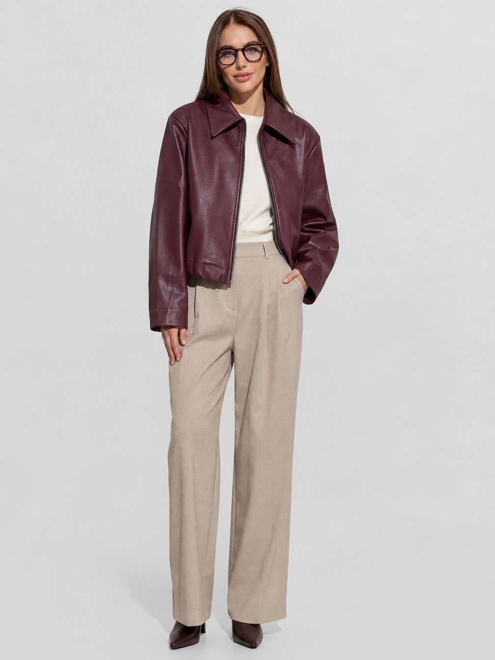 Veste Simili Cuir Bordeaux Femme