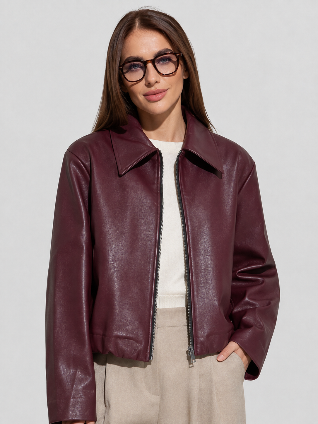 Veste Simili Cuir Bordeaux Femme