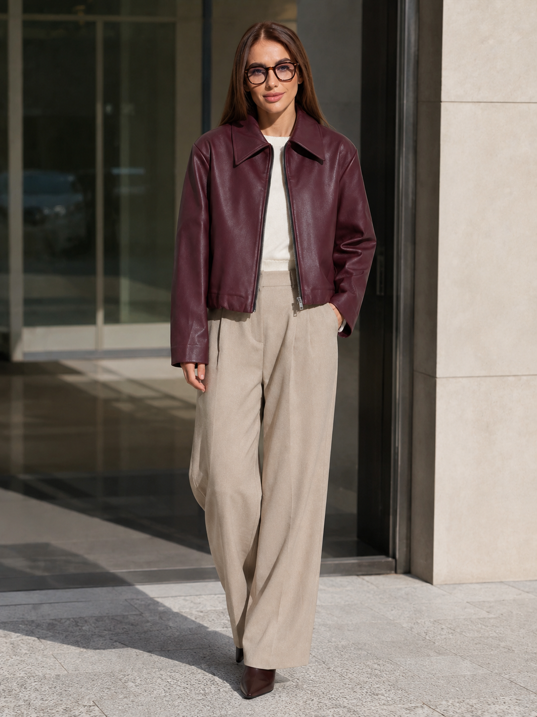Veste Simili Cuir Bordeaux Femme